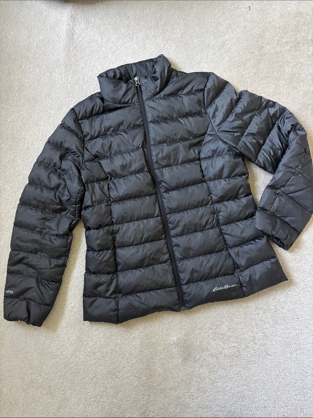 Eddie Bauer down jacket, puffy size L black & gray chevron design